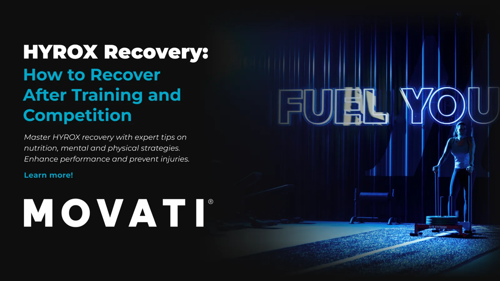 HYROX Recovery tips displayed on a dark background with motivational text and the MOVATI logo.