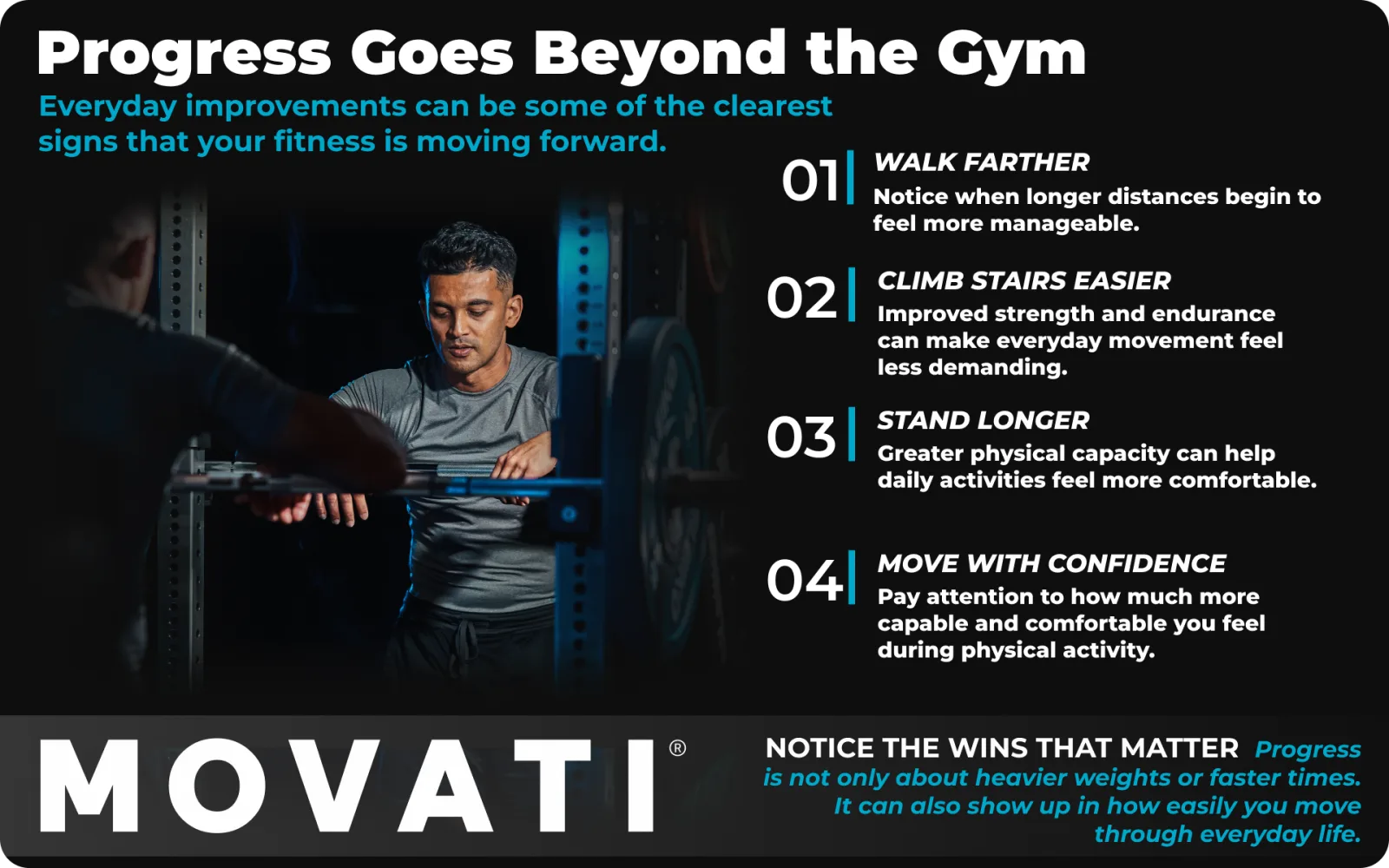 Person engaged in functional fitness training with tips on progress, including walking farther and climbing stairs easier.