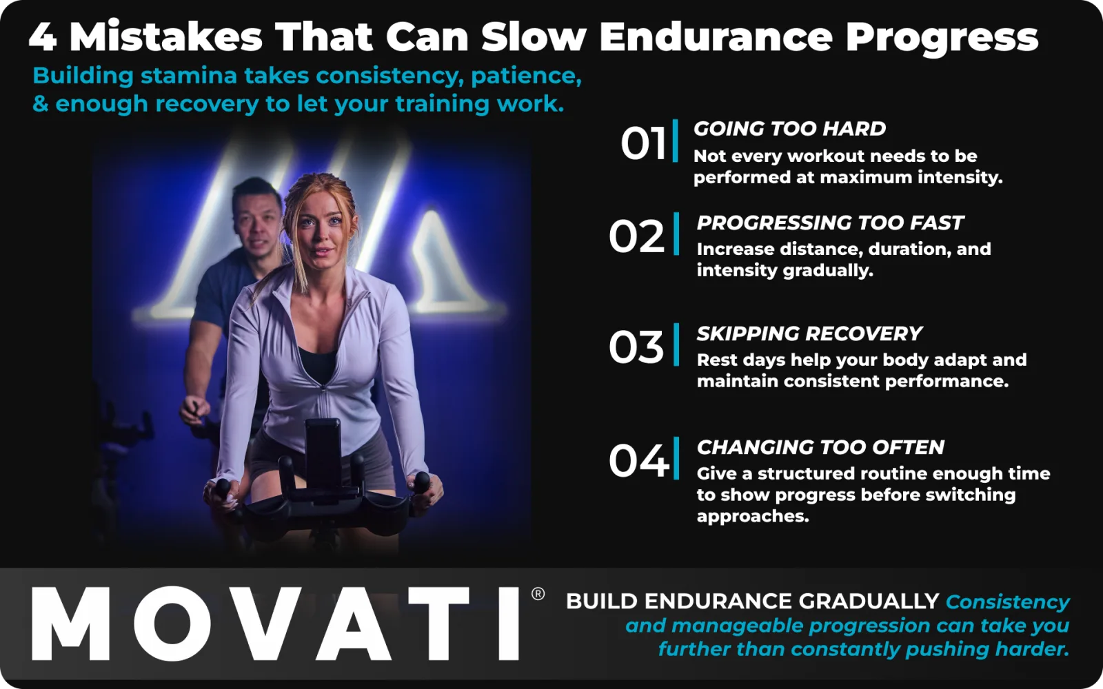 How to Improve Cardiovascular Endurance: Woman cycling indoors with tips on avoiding common endurance training mistakes.