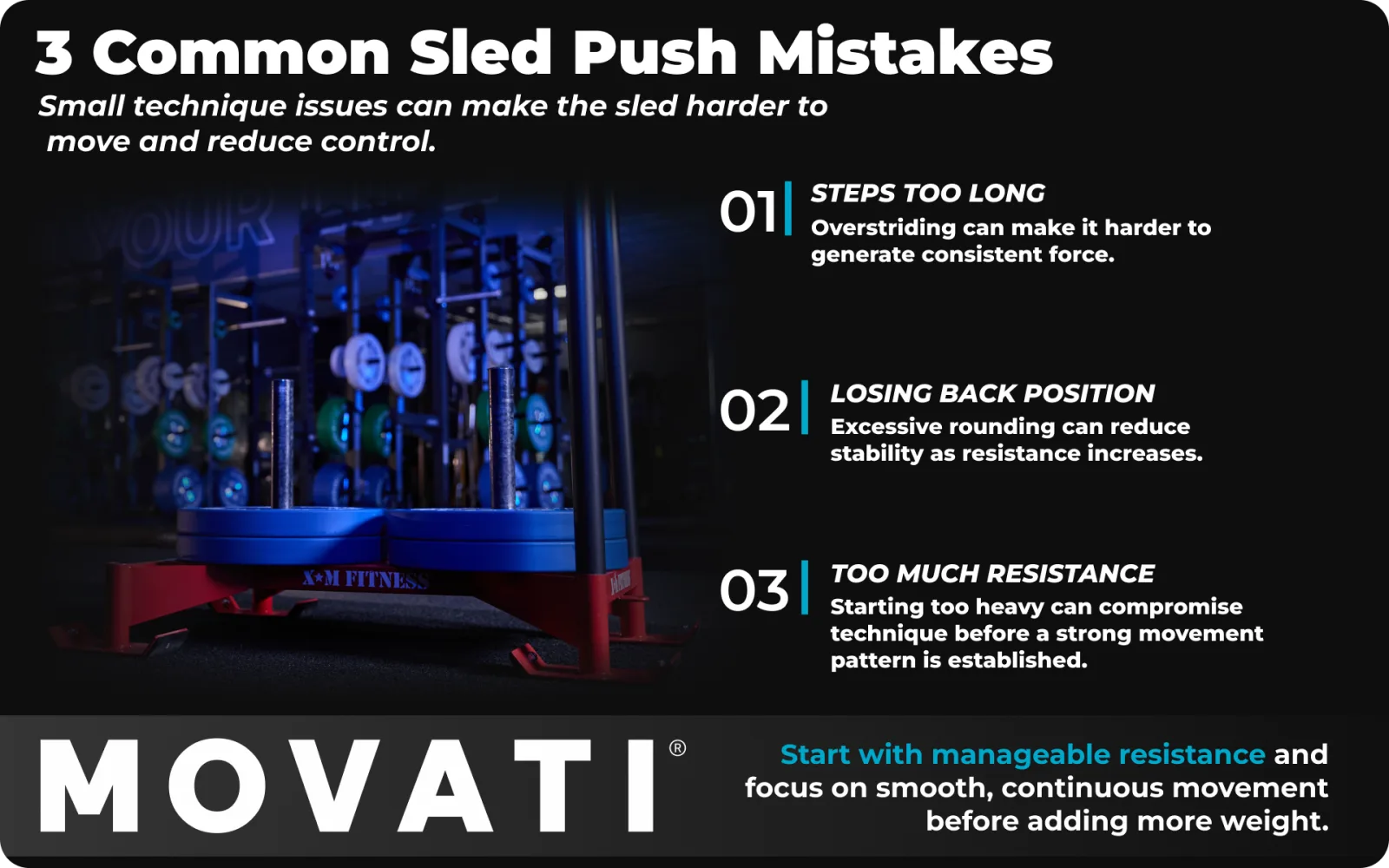Three common mistakes in Sled Push and Sled Pull: steps too long, losing back position, too much resistance.