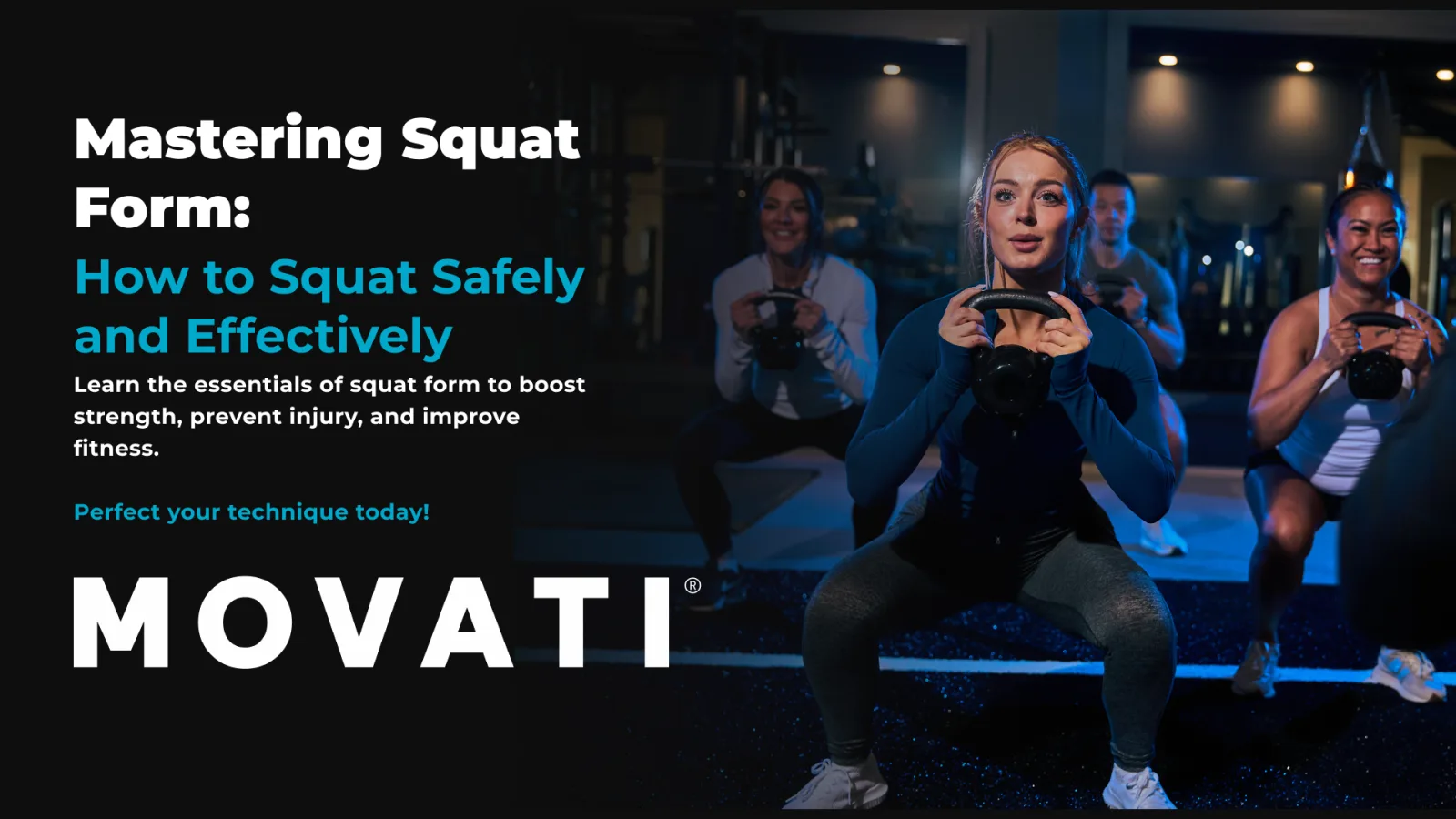 Group of people practicing squat form with weights in a gym setting.