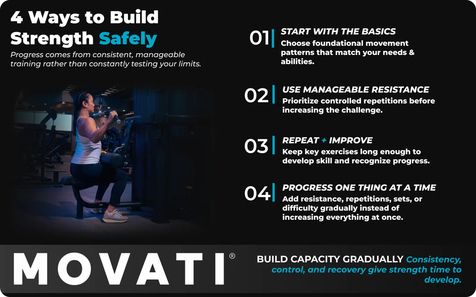 Ways to build strength safely with strength training benefits, including starting with basics and using manageable resistance.