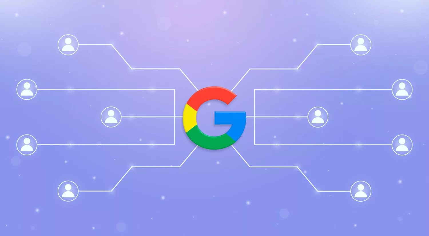Google logo connected to multiple audience icons, representing Google Ads custom audiences and targeted audience segmentation for digital advertising.