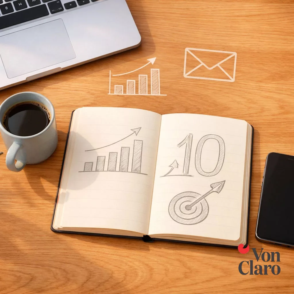 Notebook with growth charts and target sketches on a desk beside a laptop and coffee representing 10 years of growth and lessons learned since VonClaro started.