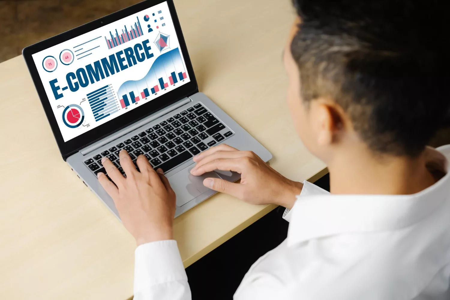 Laptop displaying e-commerce analytics charts and sales performance dashboards for 2026 e-commerce benchmarks.