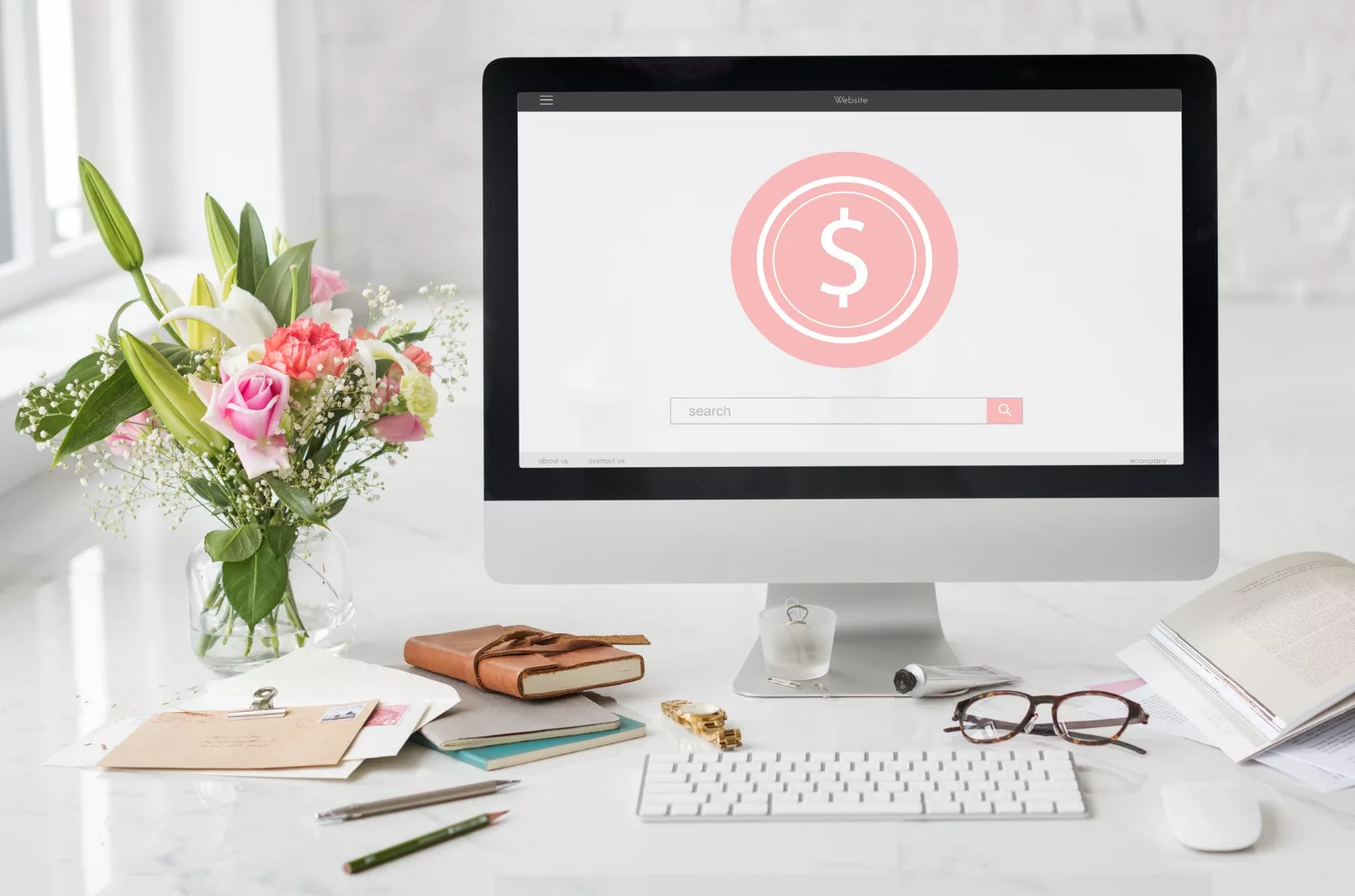 Desktop computer displaying a dollar sign icon and search bar representing Google Ad Grants.