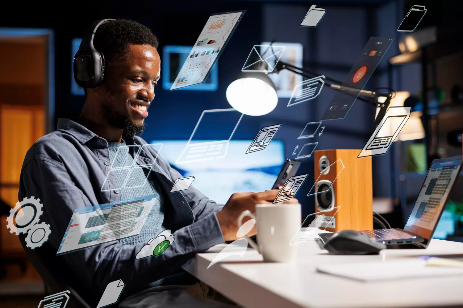 AI productivity tools and small business automation workflows displayed around a professional using digital apps and analytics on multiple devices.
