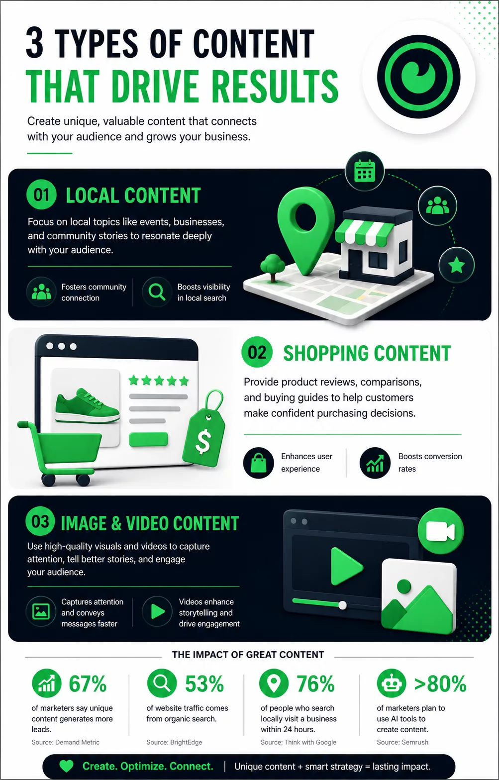Infographic on unique content tips showing types: local, shopping, image/video, with statistics and benefits.